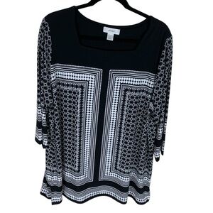 *2/$30* CJ Banks Black White Geometric Print 3/4 Sleeve Square Neck Tunic Top 1X